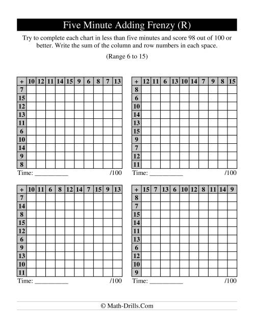 The Old Five Minute Frenzy -- Four Per Page (R) Math Worksheet