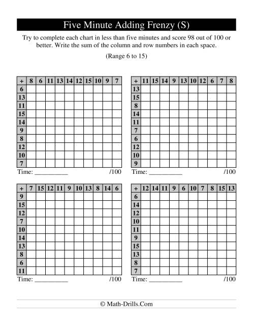 The Old Five Minute Frenzy -- Four Per Page (S) Math Worksheet