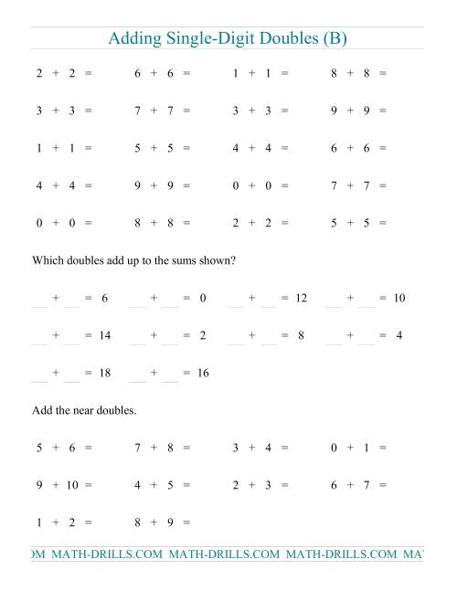 The Adding Doubles -- Single-Digit Only (B) Math Worksheet