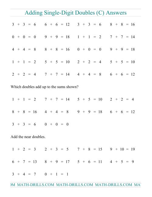 The Adding Doubles -- Single-Digit Only (C) Math Worksheet Page 2