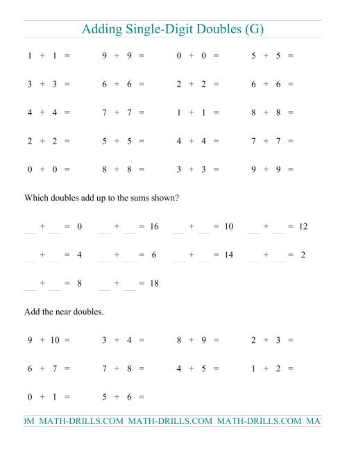 The Adding Doubles -- Single-Digit Only (G) Math Worksheet