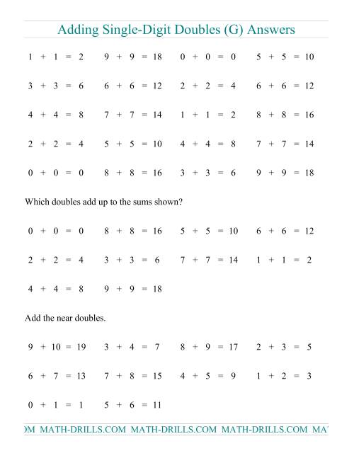 The Adding Doubles -- Single-Digit Only (G) Math Worksheet Page 2