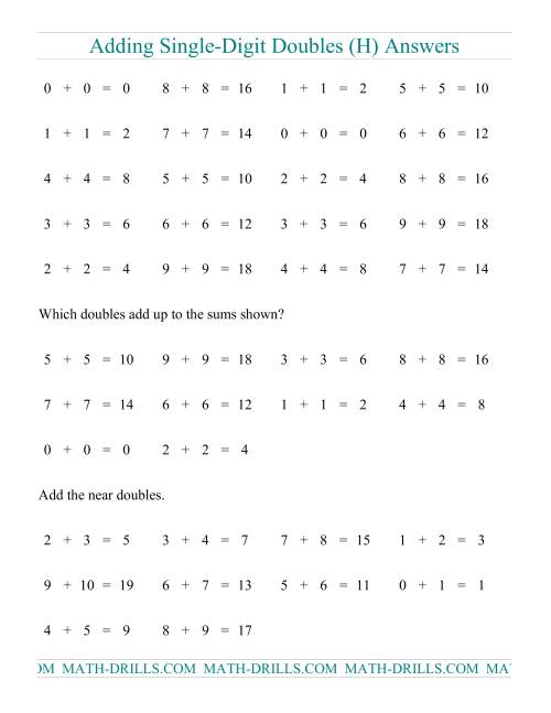The Adding Doubles -- Single-Digit Only (H) Math Worksheet Page 2