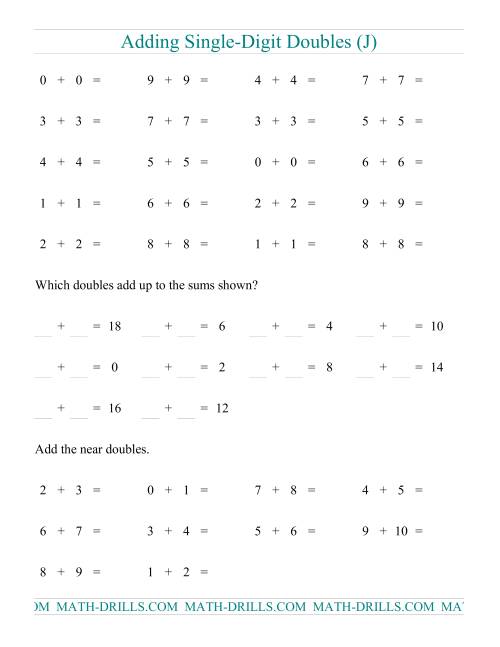 The Adding Doubles -- Single-Digit Only (J) Math Worksheet