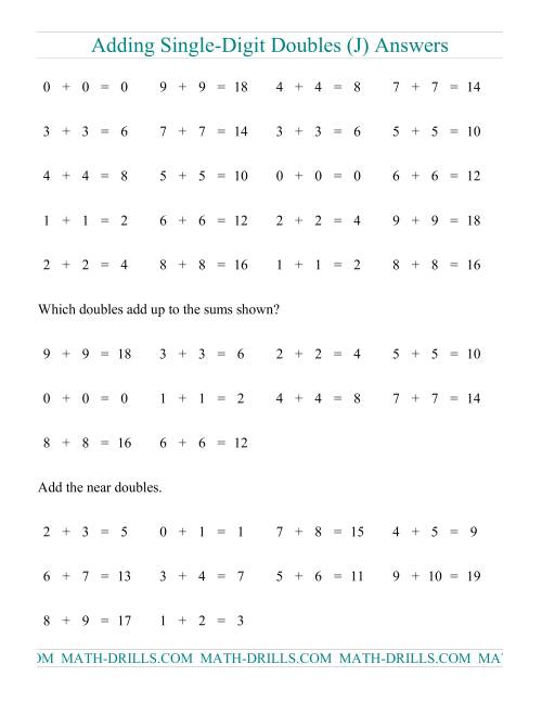 The Adding Doubles -- Single-Digit Only (J) Math Worksheet Page 2