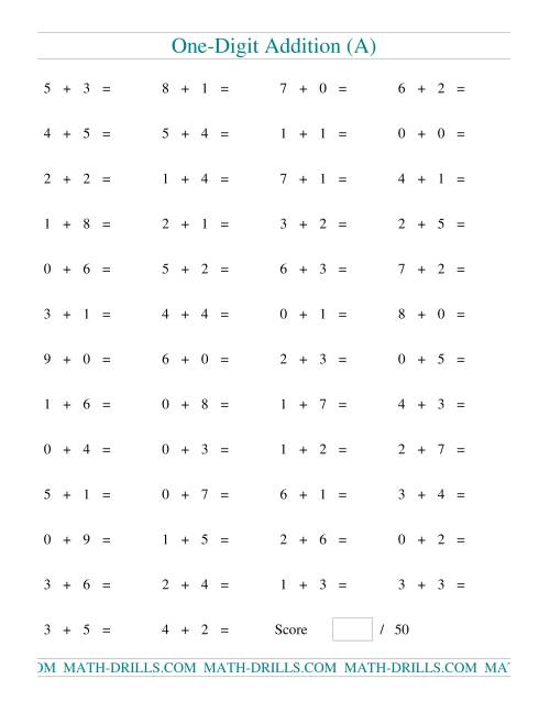 The Single Digit Addition -- 50 Horizontal Questions (A) Math Worksheet