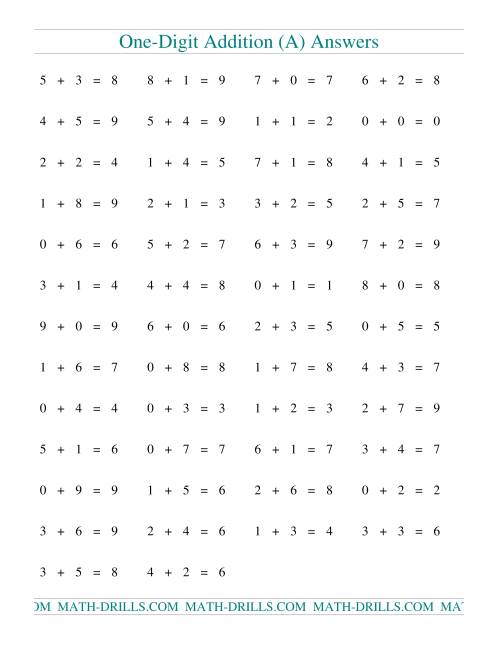 The Single Digit Addition -- 50 Horizontal Questions (A) Math Worksheet Page 2