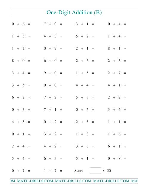 The Single Digit Addition -- 50 Horizontal Questions (B) Math Worksheet