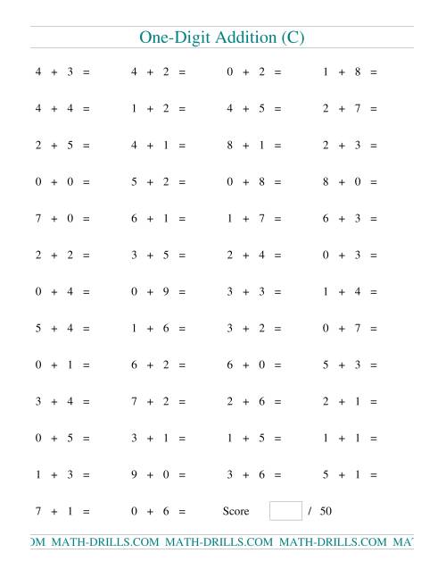 The Single Digit Addition -- 50 Horizontal Questions (C) Math Worksheet