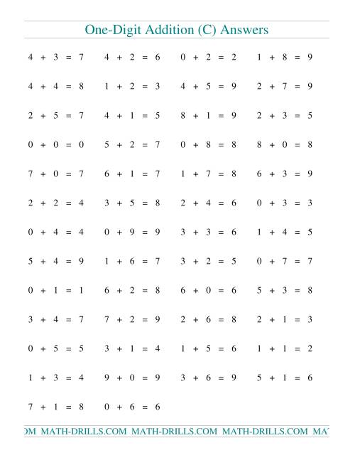 The Single Digit Addition -- 50 Horizontal Questions (C) Math Worksheet Page 2