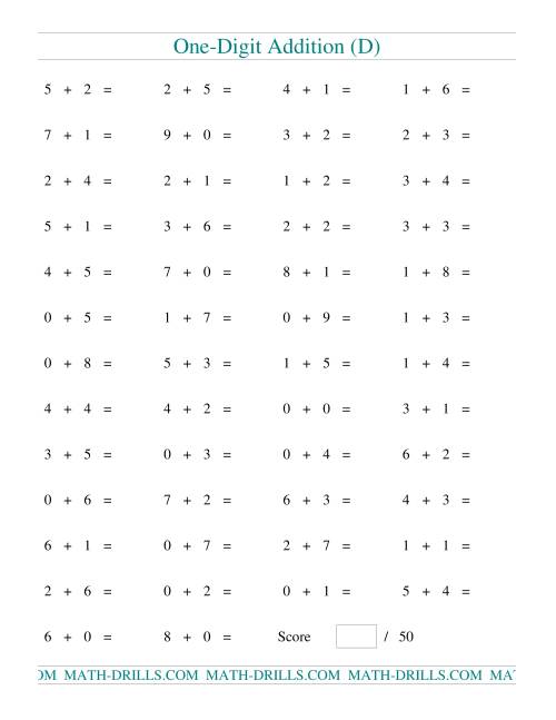 The Single Digit Addition -- 50 Horizontal Questions (D) Math Worksheet