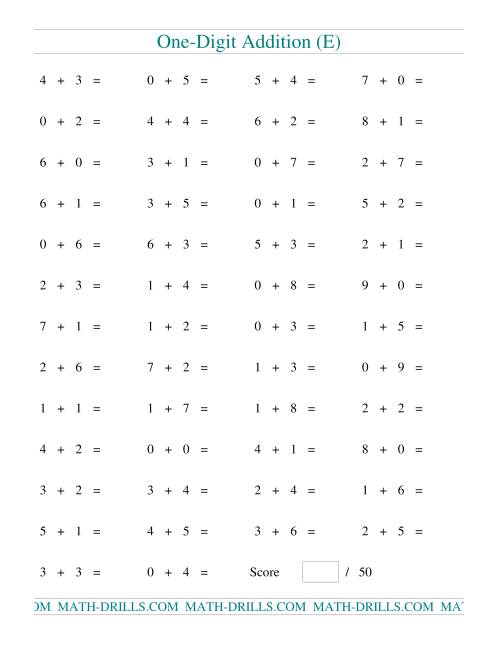 The Single Digit Addition -- 50 Horizontal Questions (E) Math Worksheet