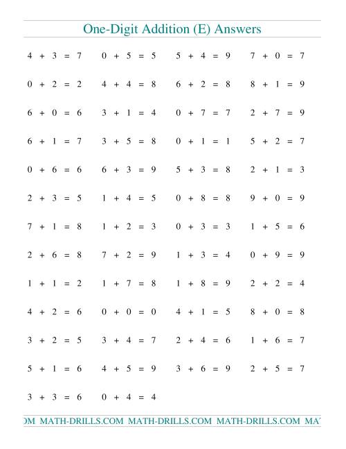 The Single Digit Addition -- 50 Horizontal Questions (E) Math Worksheet Page 2