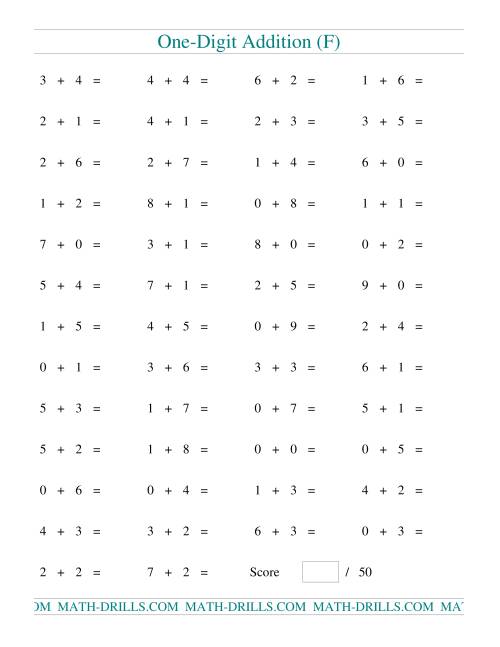 The Single Digit Addition -- 50 Horizontal Questions (F) Math Worksheet