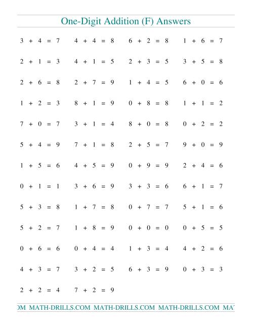 The Single Digit Addition -- 50 Horizontal Questions (F) Math Worksheet Page 2
