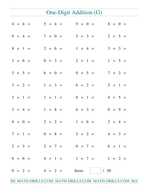 The Single Digit Addition -- 50 Horizontal Questions (G) Math Worksheet