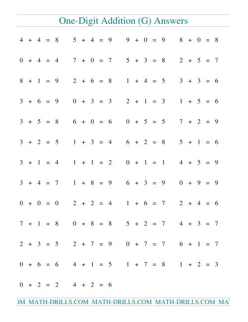 The Single Digit Addition -- 50 Horizontal Questions (G) Math Worksheet Page 2
