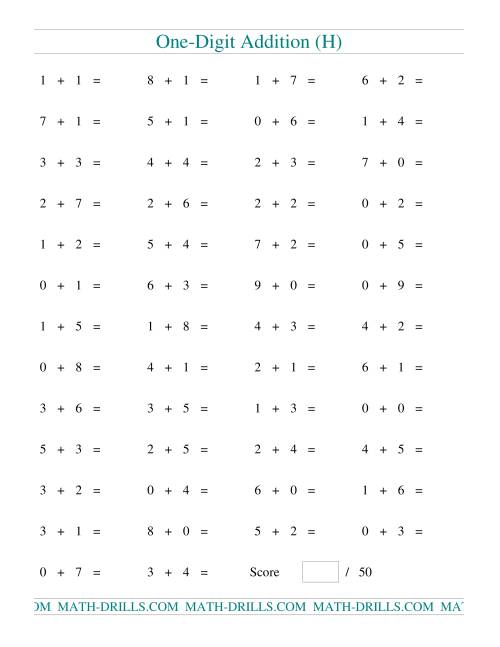 The Single Digit Addition -- 50 Horizontal Questions (H) Math Worksheet