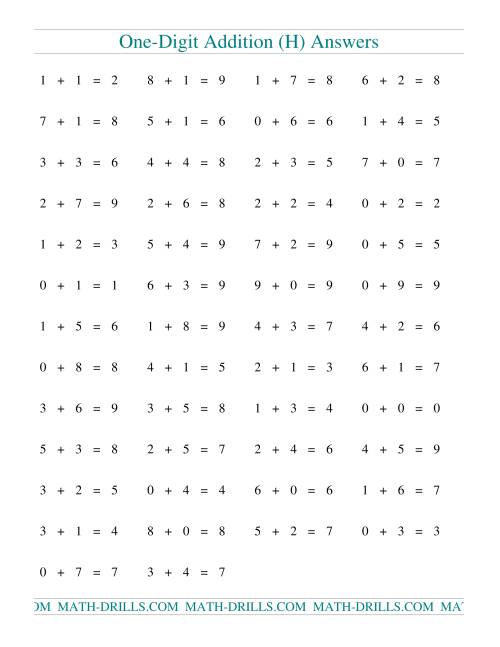 The Single Digit Addition -- 50 Horizontal Questions (H) Math Worksheet Page 2