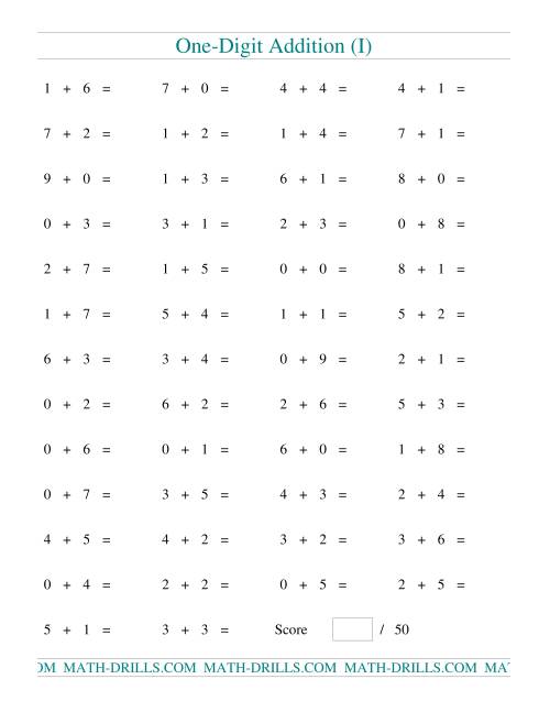 The Single Digit Addition -- 50 Horizontal Questions (I) Math Worksheet