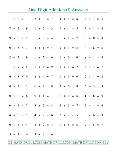 The Single Digit Addition -- 50 Horizontal Questions (I) Math Worksheet Page 2