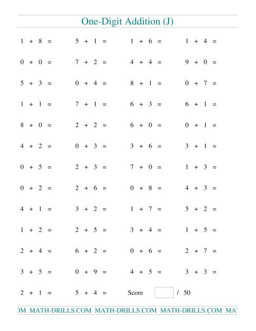 The Single Digit Addition -- 50 Horizontal Questions (J) Math Worksheet
