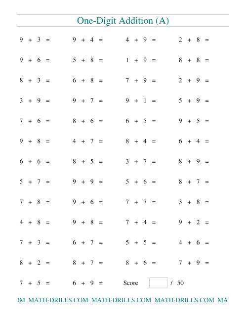 The Single Digit Addition -- 50 Horizontal Questions -- All Regrouping (A) Math Worksheet