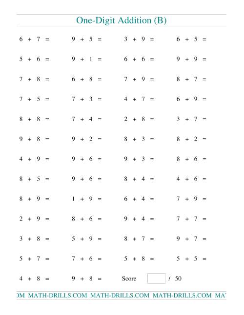 The Single Digit Addition -- 50 Horizontal Questions -- All Regrouping (B) Math Worksheet