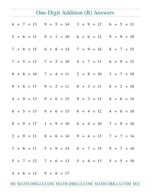 The Single Digit Addition -- 50 Horizontal Questions -- All Regrouping (B) Math Worksheet Page 2