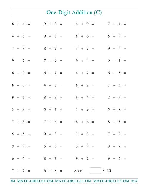 The Single Digit Addition -- 50 Horizontal Questions -- All Regrouping (C) Math Worksheet