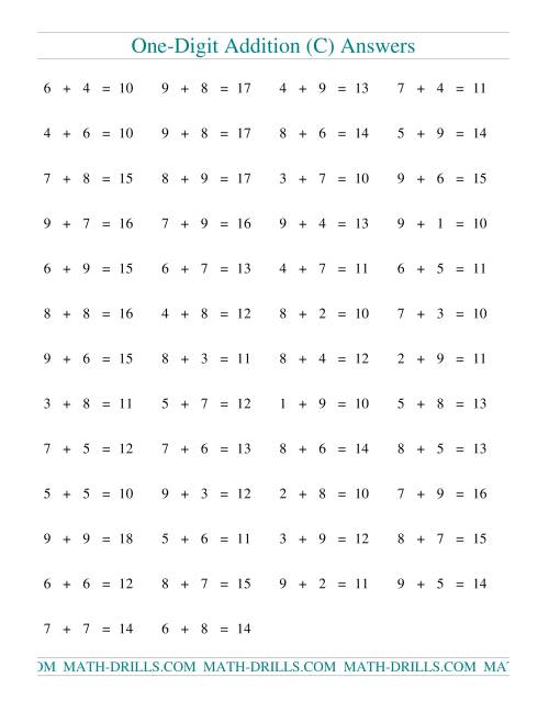 The Single Digit Addition -- 50 Horizontal Questions -- All Regrouping (C) Math Worksheet Page 2