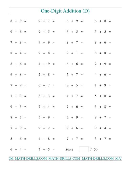 The Single Digit Addition -- 50 Horizontal Questions -- All Regrouping (D) Math Worksheet