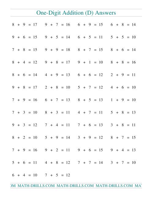 The Single Digit Addition -- 50 Horizontal Questions -- All Regrouping (D) Math Worksheet Page 2
