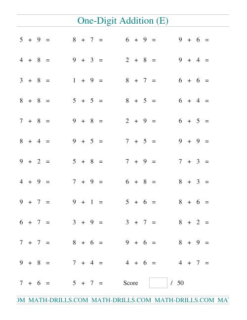 The Single Digit Addition -- 50 Horizontal Questions -- All Regrouping (E) Math Worksheet