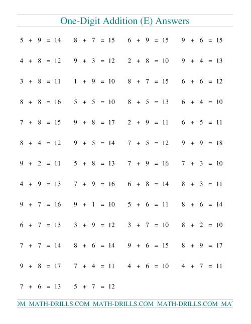 The Single Digit Addition -- 50 Horizontal Questions -- All Regrouping (E) Math Worksheet Page 2