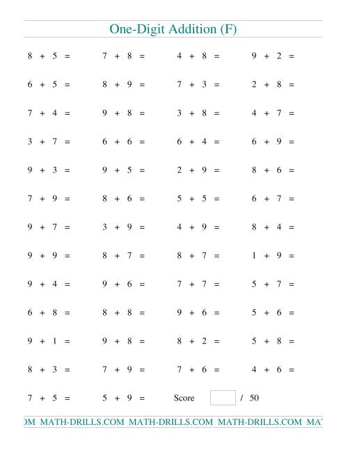 The Single Digit Addition -- 50 Horizontal Questions -- All Regrouping (F) Math Worksheet