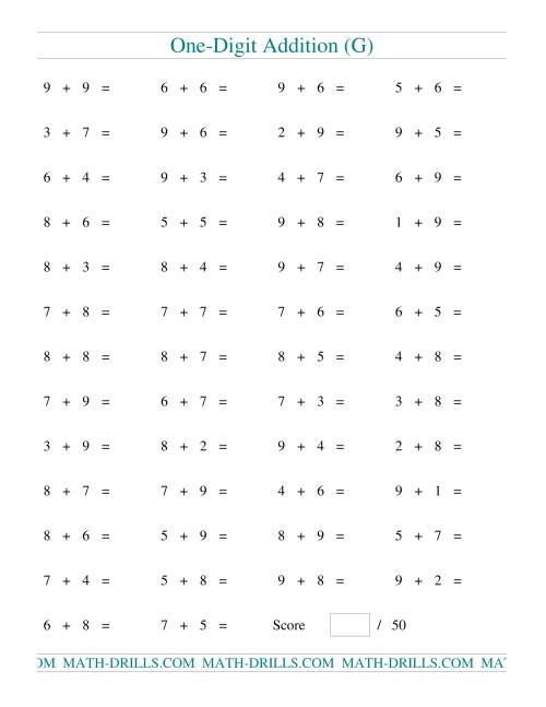 The Single Digit Addition -- 50 Horizontal Questions -- All Regrouping (G) Math Worksheet