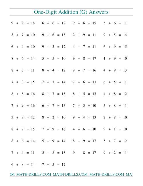The Single Digit Addition -- 50 Horizontal Questions -- All Regrouping (G) Math Worksheet Page 2
