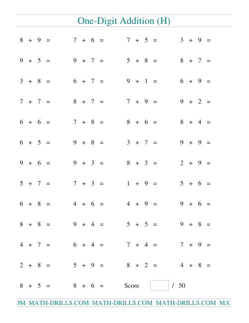 The Single Digit Addition -- 50 Horizontal Questions -- All Regrouping (H) Math Worksheet