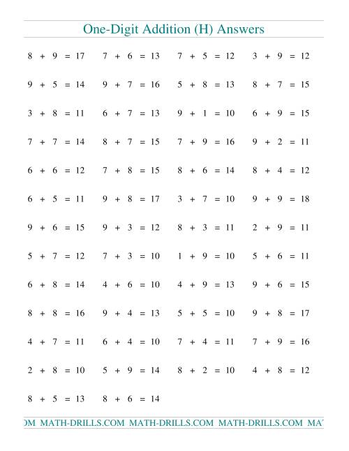The Single Digit Addition -- 50 Horizontal Questions -- All Regrouping (H) Math Worksheet Page 2