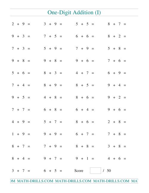 The Single Digit Addition -- 50 Horizontal Questions -- All Regrouping (I) Math Worksheet