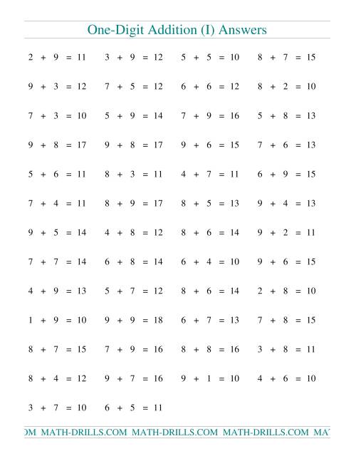The Single Digit Addition -- 50 Horizontal Questions -- All Regrouping (I) Math Worksheet Page 2