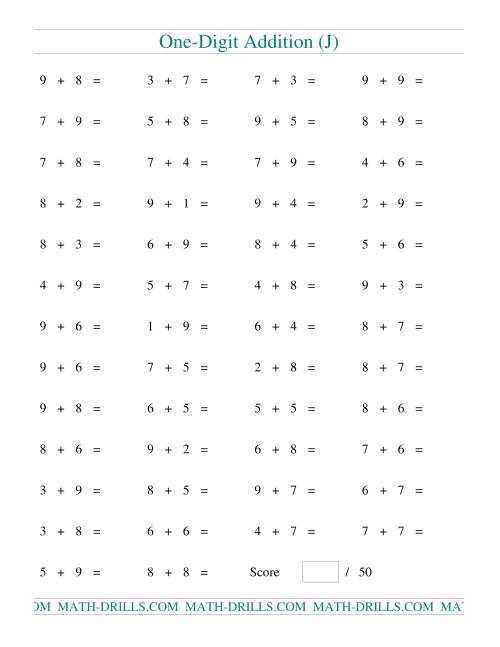 The Single Digit Addition -- 50 Horizontal Questions -- All Regrouping (J) Math Worksheet