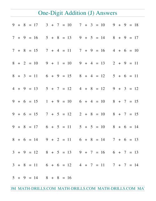 The Single Digit Addition -- 50 Horizontal Questions -- All Regrouping (J) Math Worksheet Page 2