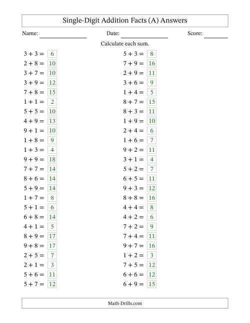 The Horizontally Arranged Single-Digit Addition Facts with Some Regrouping (50 Questions) (A) Math Worksheet Page 2