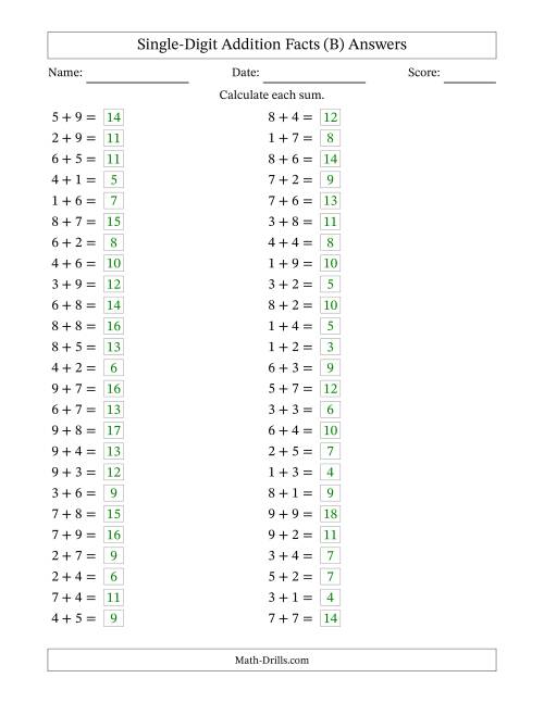 The Horizontally Arranged Single-Digit Addition Facts with Some Regrouping (50 Questions) (B) Math Worksheet Page 2
