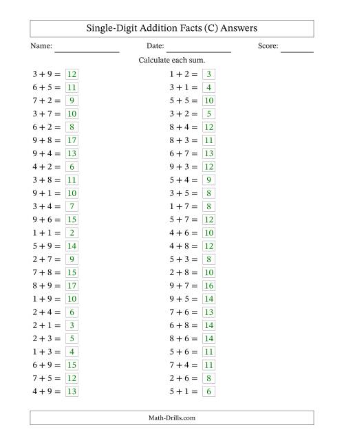 The Horizontally Arranged Single-Digit Addition Facts with Some Regrouping (50 Questions) (C) Math Worksheet Page 2