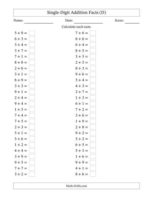 The Horizontally Arranged Single-Digit Addition Facts with Some Regrouping (50 Questions) (D) Math Worksheet