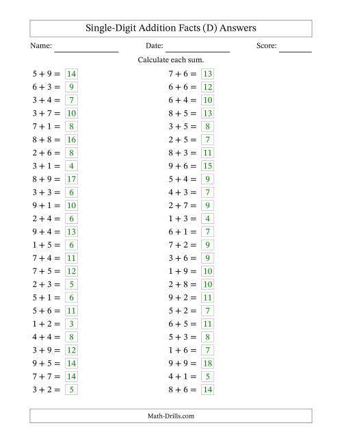 The Horizontally Arranged Single-Digit Addition Facts with Some Regrouping (50 Questions) (D) Math Worksheet Page 2