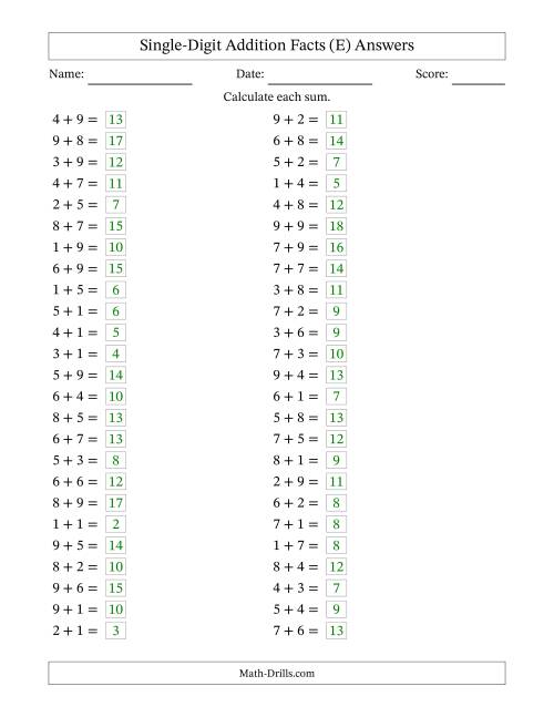 The Horizontally Arranged Single-Digit Addition Facts with Some Regrouping (50 Questions) (E) Math Worksheet Page 2